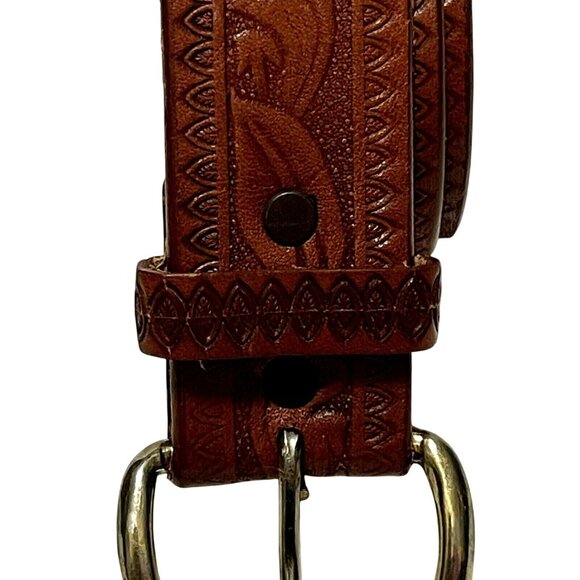 Hand-Tooled Steerhide Brown Leather Belt With Leaf Design Size 38 Stamped B1892 - Picture 2 of 7